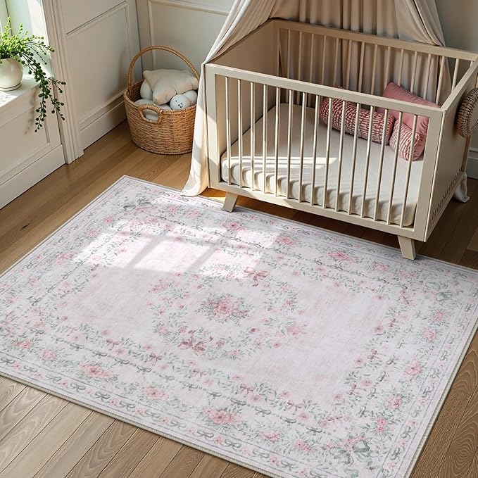 Wonnitar Floral Bow Pink Rug for Bedroom, Washable 5x7 Area Rug for Girls Nursery, Ultra-Thin Non Slip Soft Boho Carpet for Kids Room Dorm Living Room, Light Pink