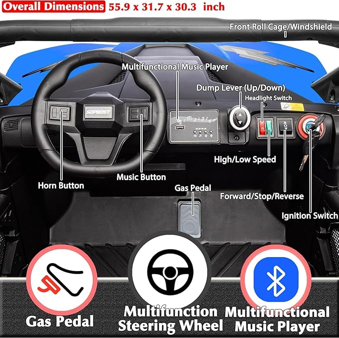 sopbost 24V 10Ah 2 Seater Ride On Car with Remote Control Battery Powered Ride On Toy Electric 4x4 Kids UTV with Large Dump Bed, 4x75W Motors, Blue