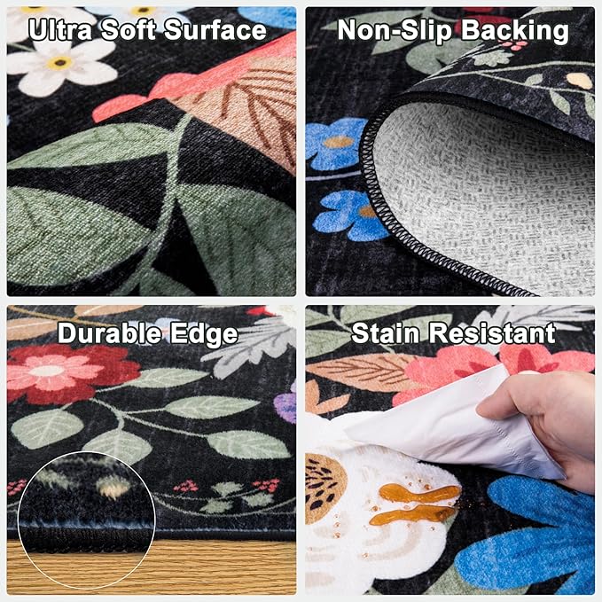 Entryway Rug 2X3 Small Rugs: Floral Washable Door Mat Vintage Soft Low Pile Non-Slip Kitchen Rugs Stain Resistant Indoor Throw Rug for Entrance, Bedroom, Kitchen, Laundry, Bathroom Black