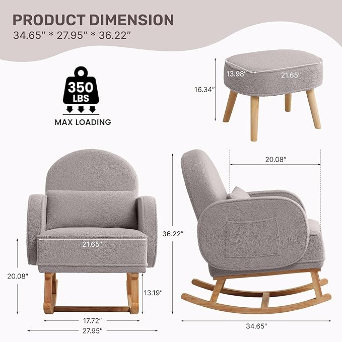 Nursery Rocking Chair with Ottoman, Upholstered Glider Rocker with High Backrest and Side Pocket, Rocking Accent Armchair with Solid Wood Legs for Nursery, Living Room, Bedroom Light Grey