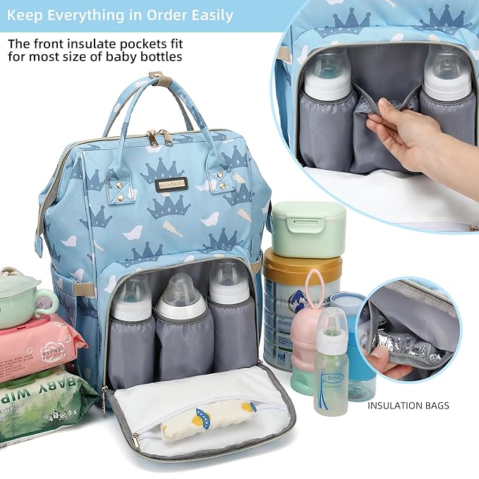 Diaper Bag Backpack, Diaper Bags for Baby Girls Boys, Baby Bags for Moms Dads, Nappy Changing Bag with Insulated Pockets,Multi-functional Waterproof Backpack with Stroller straps-Light blue crown