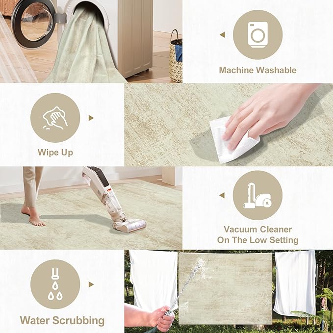 Washable Rug 6x9 Area Rugs, Abstract Large Living Room Rugs with Non-Slip Backing, Thin Carpet for Dorm Dining Room Table Nursery Indoor Home Office -Beige