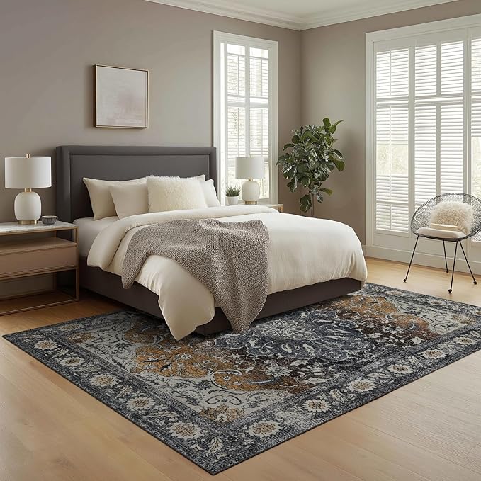 Washable Area Rugs 8x10, Large Rugs for Living Room, Carpet for Bedroom, Soft Faux Wool Retro Dining Room Rug, Non-Slip Backing Resistant Low Pile Vintage Print Rug for Home Office (Tan/Gray)