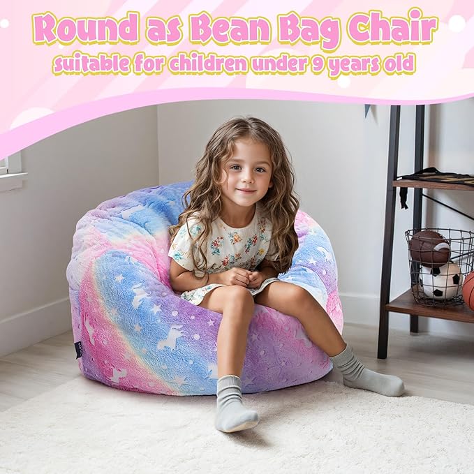 Kids Bean Bag Chair Turn into Beanbag Bed, Unicorn Toddler Bean Chair for Girl Boy Sleeping, Lazy Children Bean Bags with Filler, Convertible Child Floor Mattress, Colorful Rainbow