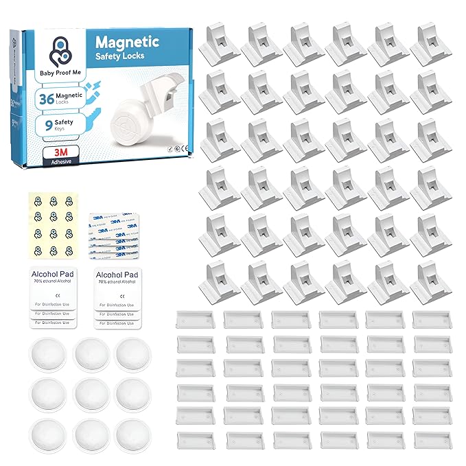 Pack of 36 Magnetic Cabinet Locks for Child Safety with 9 Keys, 3M Adhesive Easy Installation, Baby Proofing Magnetic Locks for Cabinets and Drawers (36 Locks + 9 Keys)