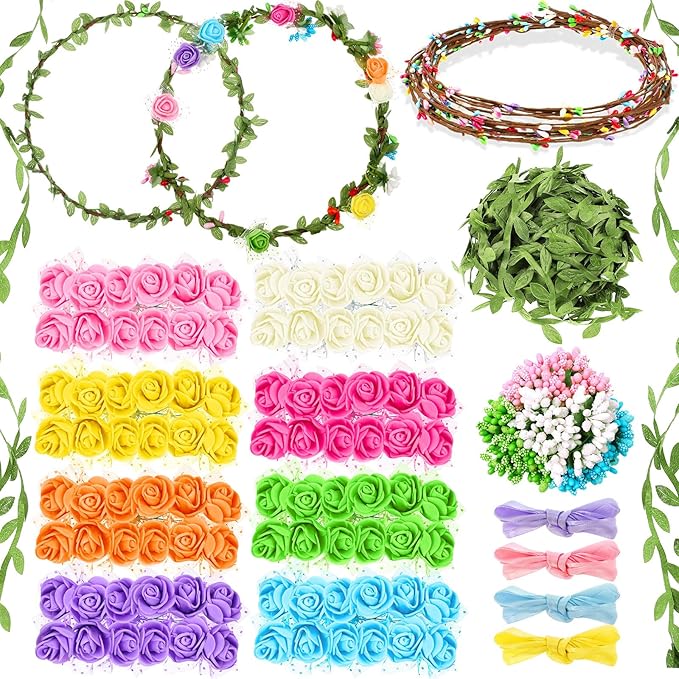 Syhood Rose Style Crowns Making Kit, 168 Pcs Parts, Make Your Own Flower Crown Wreath Headbands and Bracelets Craft Kit Hair Accessories Handmade DIY Floral Crown Garland Kit Presents for Party