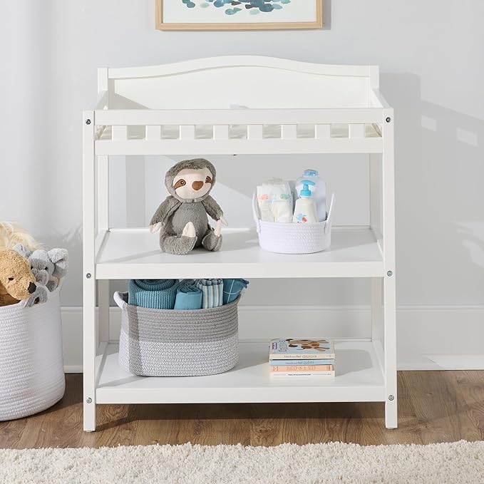Badger Basket Baby Changing Table with Pad & Shelves - Wooden Changing Table with Storage - Nursery Change Table for Diapers & Baby Essentials, White