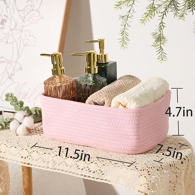 Small Storage Baskets for Organizing | Closet Organizer Bins | Shelf Toy Basket | Woven Rope Baskets | Cube Decorative Box | Shallow Basket | 11.5x7.5x4.7” | 3 Packs Pink