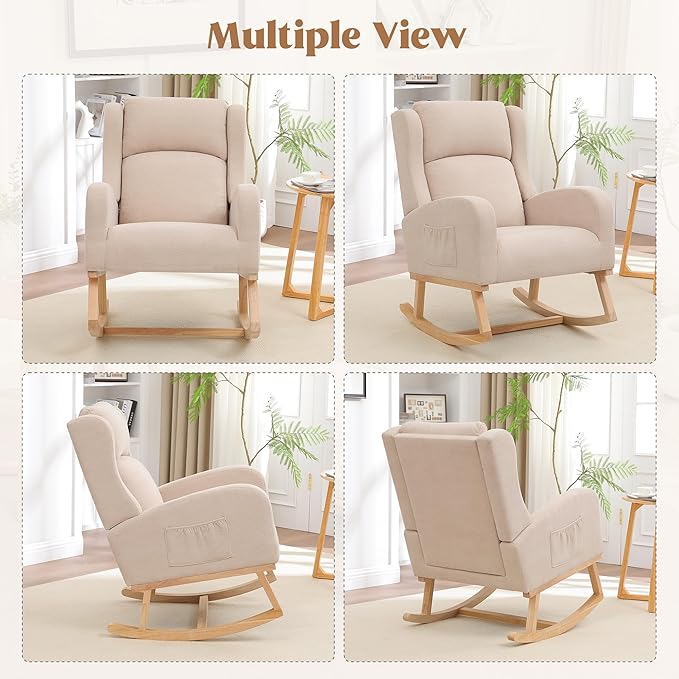 Rocking Chair Nursery, Nursing Rocking Chairs for Mom Nursery, Comfy Wingback Glider Rocking Armchair with Side Pocket for Nursery Living Room Bedroom, Khak