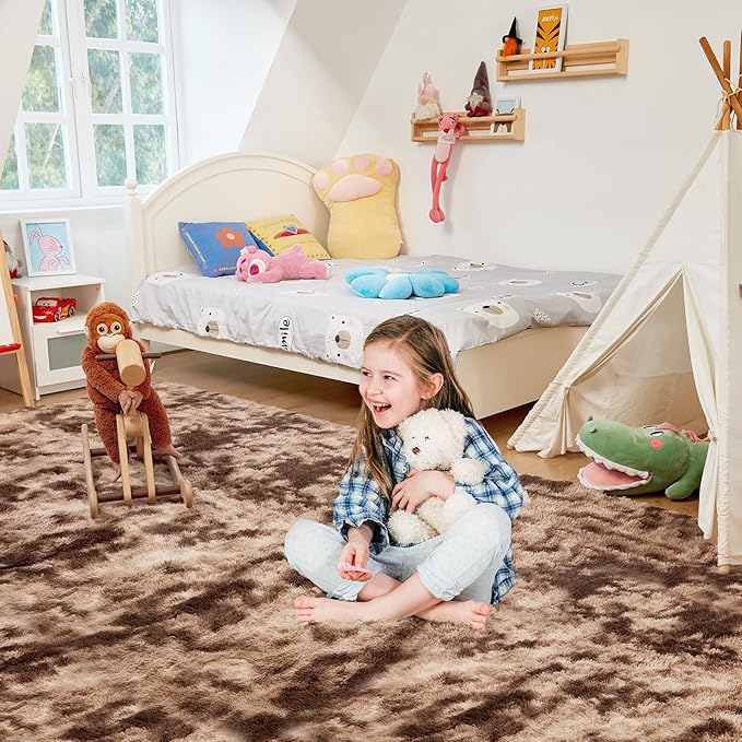 Ultra Soft Rug for Living Room, 3X5 Fluffy Shag Area Rug for Bedroom, Modern Shaggy Carpets Fuzzy Rug for Teens Dorm Nursery Home Decor Aesthetic, Upgrade Anti-Skid Durable, Tie-Dyed Coffee