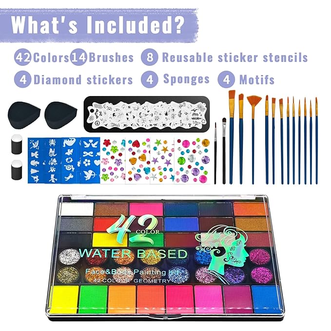 Face Painting Kit, Water Activated Face Paint Palette with Stencils, Brushes, Gems for Halloween Makeup, Parties, Carnival, School Event & Festivals (42 Colors)