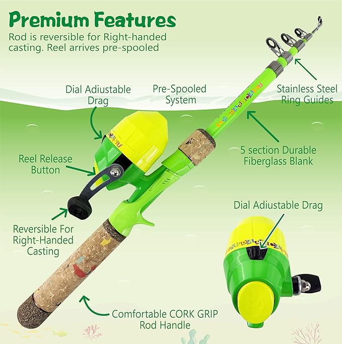 Kids Fishing Pole Set, Kids Fishing Rod and Reel Combo and Fishing Net Tackle Box with Fishing Lures Hooks and Bag for Boy, Girl, Youth, Beginner, Over 3 Years Old