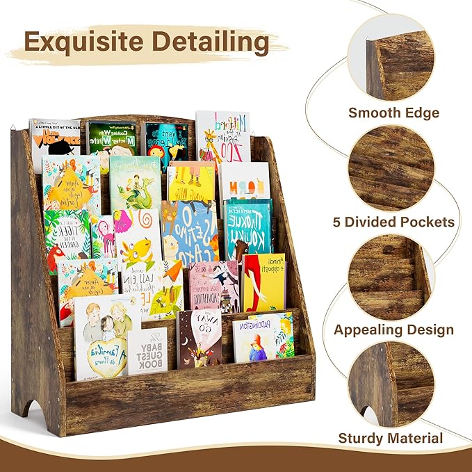 TOETOL 5-Tier Kids Bookshelf - Toddler Book Display Shelves for Classrooms, Playrooms, and Nursery - Wooden Children Book Rack (Rustic Brown)