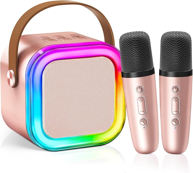 【2025 Newest】 Mini Karaoke Machine for Kids Girls & Boys - Portable Bluetooth Speaker with 2 Wireless Microphones - Kids Birthday Gifts for Ages 4-10 - Kids' Instrument Accessories - Rose Gold