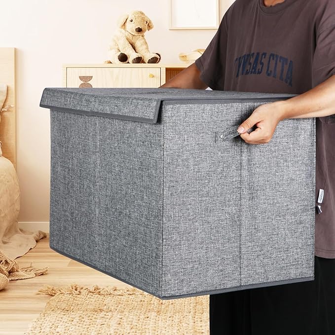 popoly 122L Large Toy Chest Box with Lid, Foldable Toy Storage Organizer Bin Boxes with Removable Divider for Kids, Boys, Girls, Nursery, Playroom, 26"x17" x17"(Linen Gray)