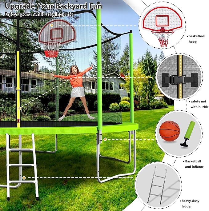 Upgraded 16FT 15FT 14FT 12FT 10FT 8FT Trampoline Outdoor with Basketball Hoop and Net, Capacity for 4-6 Kids and Adults