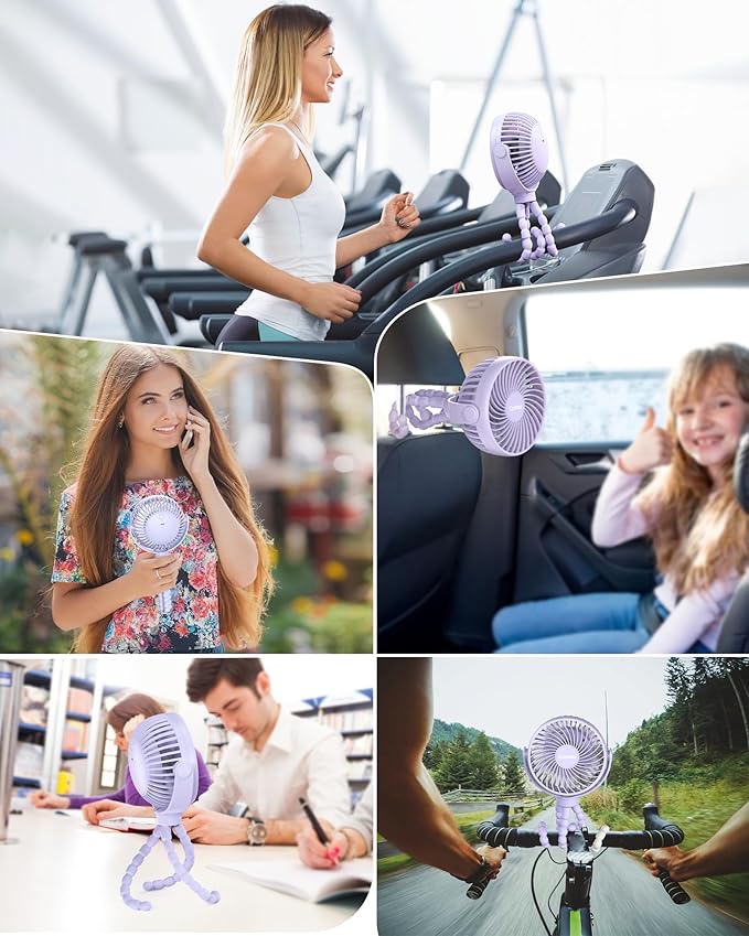 Stroller Fan Clip on for Baby, 4000mAh Rechargeable Battery Operated, Flexible Tripod, 3 Wind Speed, 360° Rotatable, Small Portable Fan for Car Seat Crib Backseat Beach Travel Camping, Purple