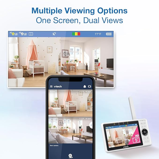 VTech 2-Cameras Smart WiFi Baby Monitor with 1080p FHD Camera and 5" HD IPS Screen, Free App with Motion Video, Sound/Motion Detection and Notifications, Split-Screen, Pan-Tilt-Zoom: VM901-2HD