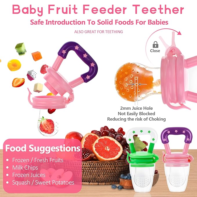 WAJIAYON Baby Fruit Feeder Pacifier - 5 Pack | 2 Mesh Infant Food Feeder Pacifier & 1 Baby Food Dispensing Spoon | Fresh Fruit Teethers for Babies |Shower Gifts for Boys and Girls (Pink & Green)