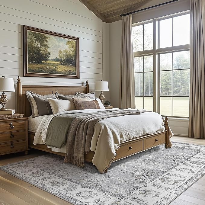 jinchan 8x10 Area Rugs for Living Room - Machine Washable Vintage Floral Distressed Design Stain Resistant Boho Carpet Low Pile Non-Slip Rug for Bedroom Dining Room Home Office (8‘x10',Grey)