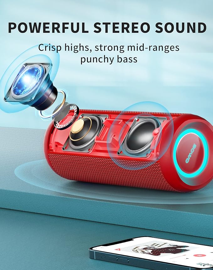 SOWO Portable Bluetooth Speaker, Waterproof IPX7, 25W Loud Wirelss Speaker with Big Audio and Punchy Bass, Outdoor Bluetooth for Party, Beach, Travel, Girls Gifts - Red