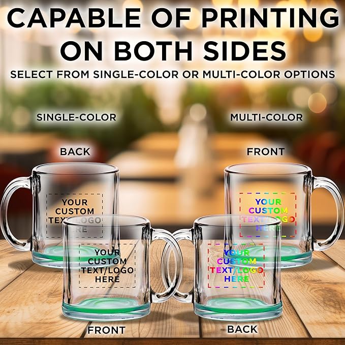 Custom Libbey Clear Glass Coffee Mugs 13 oz. Set of 100, Personalized Bulk Pack - Perfect for Coffee, Tea, Espresso, Hot Cocoa, Other Beverages - Green Bottom