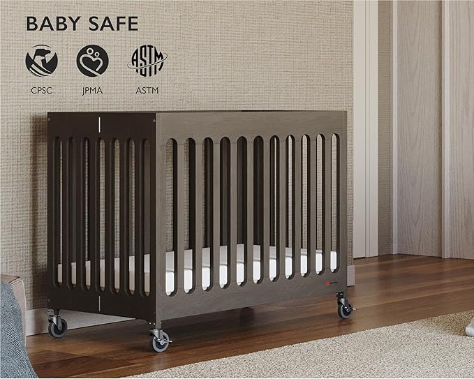 Foundations Boutique Folding Mini Baby Crib - Compact, Portable, Wooden Hotel Crib, Foldable Compact Cribs for Baby & Toddlers - Includes 3" Foam Mattress - Dapper Gray