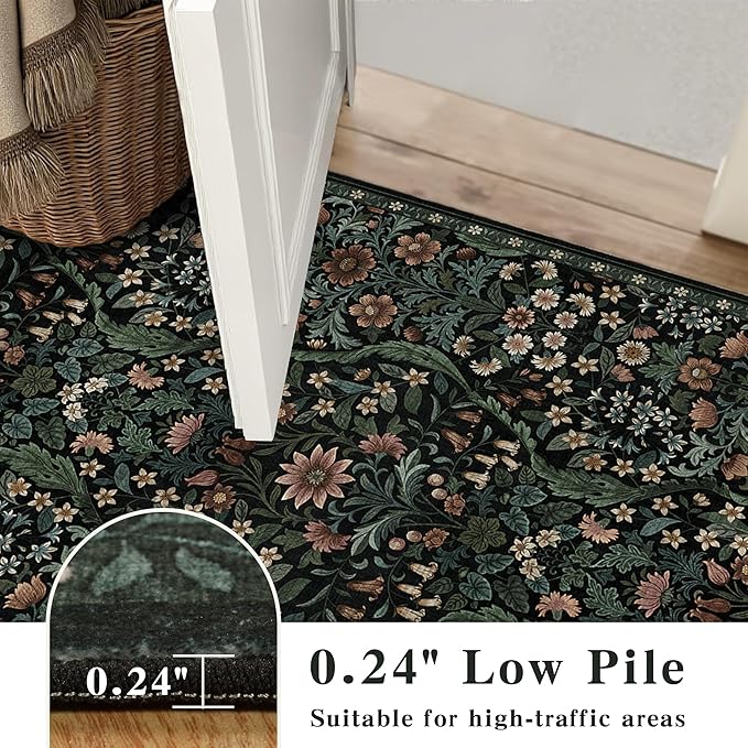 8x10 Washable Area Rug for Living Room, Large Vintage Black Floral Rugs, Soft Non-Slip Stain Resistant Boho Lightweight Carpet for Bedroom Dining Room Nursery Home Office