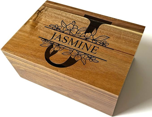 Personalized Initial Storage Box - Custom Engraved Wedding Memory Box for Keepsakes, Decorative Storage Chest, Rustic Memorabilia Box for Valentines Day, Monogrammed Wedding Gifts, 11x8x4.75 in
