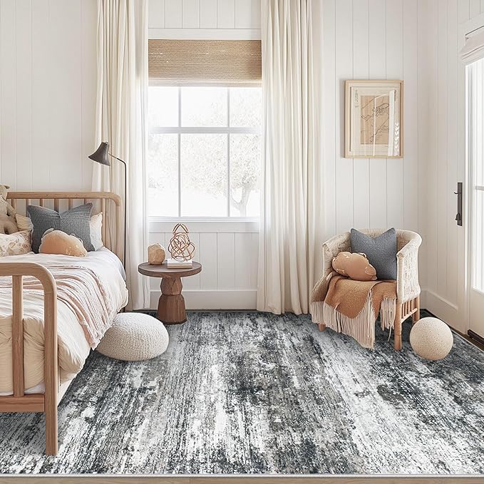 Washable Rug 5x7 Area Rugs for Living Room: Neutral Soft Rug Abstract Non Slip Low Pile Modern Carpet for Bedroom Kitchen Nursery Office Dining Room Indoor (Black, 5'x7')