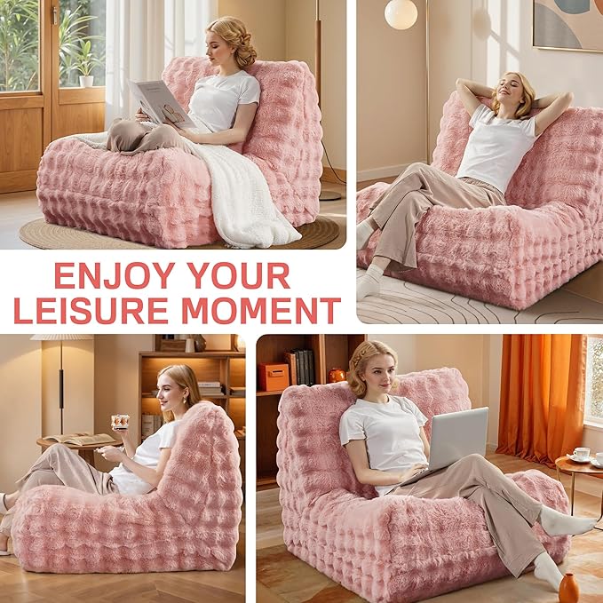 Modern Bean Bag Chair, Large Bean Bag Couch for Adults with Memory Foam Filled, Soft Faux Bunny Fur Lazy Chair for Living Room Bedroom Dorm Apartment, No Assembly Required, Pink