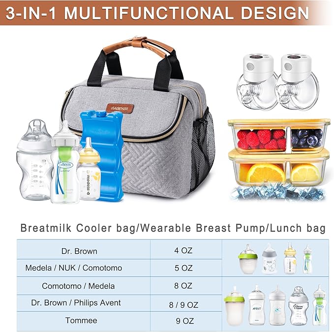 Breastmilk Cooler Bag with Ice Pack Fits 6 Baby Bottles up to 9 Ounce, Wearable Breast Pumps Cooler Bag for Nursing Mom Daycare, Work, Travel- Grey