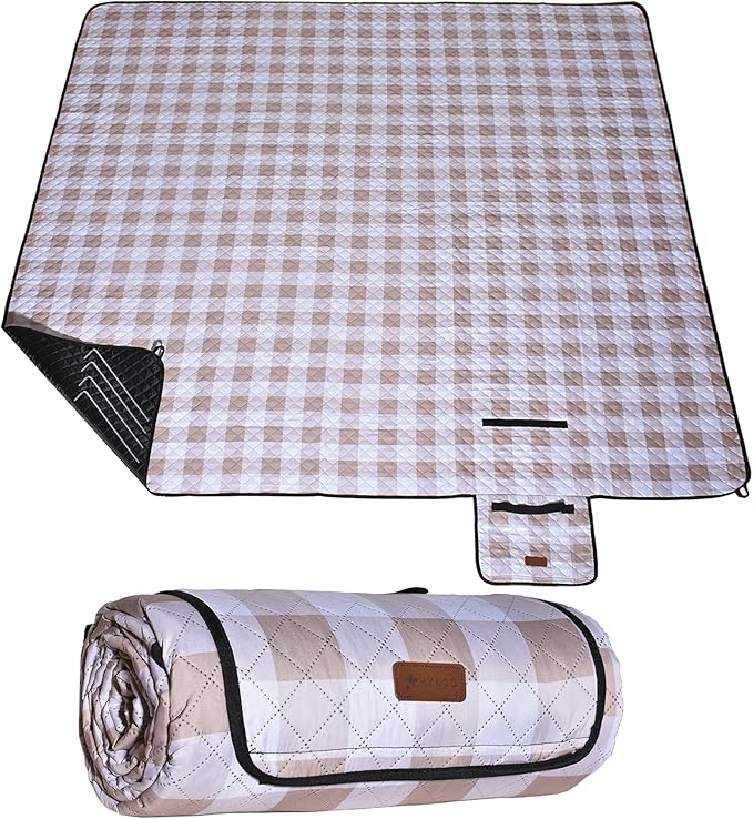 HX&OD Outdoor Picnic Blanket, Extra Large, 80''x80'' Waterproof Foldable Blankets Gingham Picnic Mat for Beach, Camping Grass Lawn Park Accessories Cute Couple Ideas Wedding (Light Brown, 80”x80”)