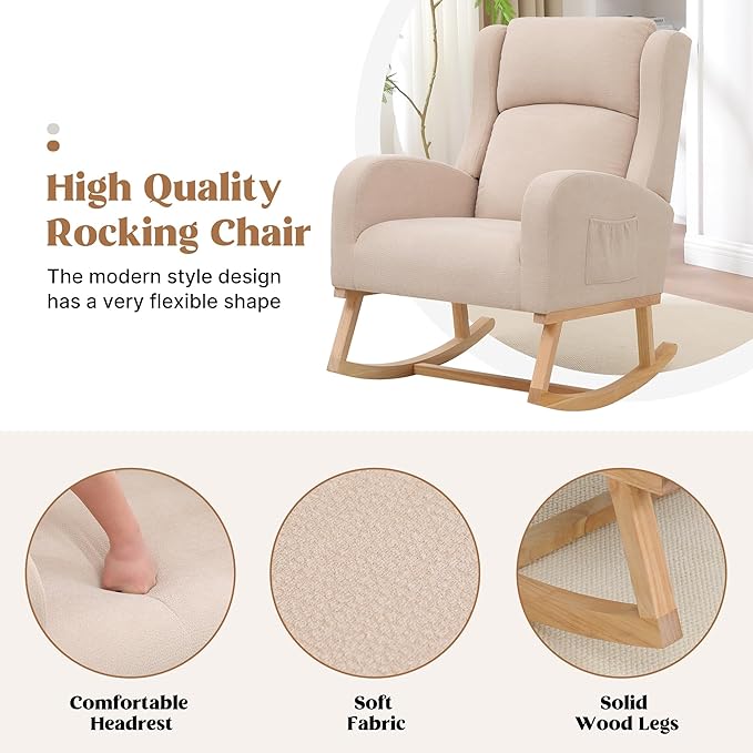 Rocking Chair Nursery, Nursing Rocking Chairs for Mom Nursery, Comfy Wingback Glider Rocking Armchair with Side Pocket for Nursery Living Room Bedroom, Khak
