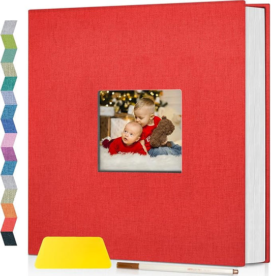 popotop Photo Album Self Adhesive with Picture Display Window,40 Pages DIY Scrapbooking Supplies Kit for 4x6 10x12 Picture,Linen Cover Memory Book for Baby Wedding, with Scraper and Metallic Pen