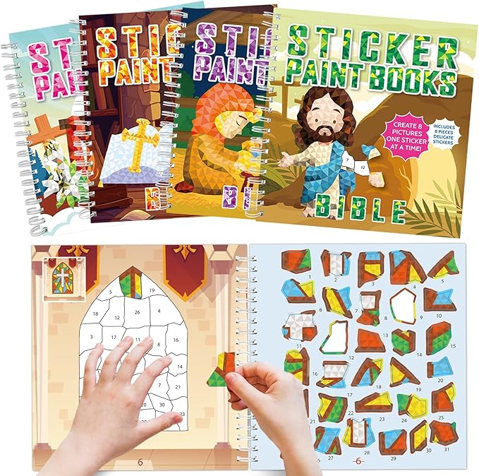 4Pcs Bible Paint by Sticker Books Sticker by Number Books Activity Book Stickers Puzzle Book Christian Craft Art Gift Set Party Favor with Jesus Bible Cross 32 Pictures