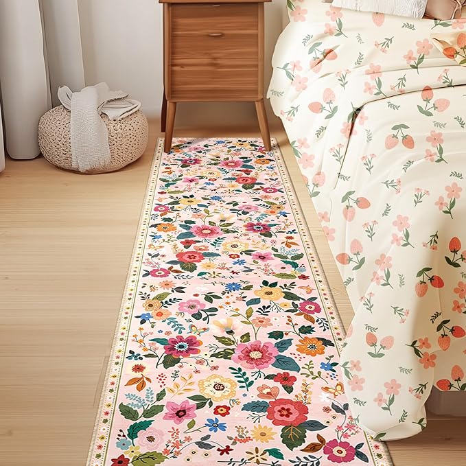 Floral 2x8 Area Rug Machine Washable Soft Print Boho Carpet Non Slip Doormat Low Pile Flower Area Rugs for Living Room Bedroom Nursery Kitchen Dining Room Indoor-Pink