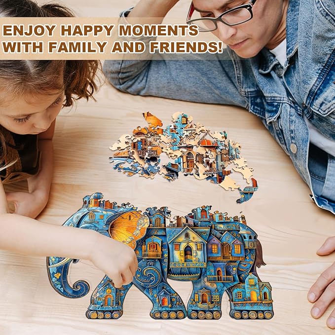 Jigfoxy Wooden Puzzles for Adults, Elephant House Wood Puzzles Adult, Unique Animal Shape Wooden Jigsaw Puzzles for Adults, Birthday Gifts for Puzzle Lovers, Family, Friend (S-8.5 * 7.4in-100pcs)