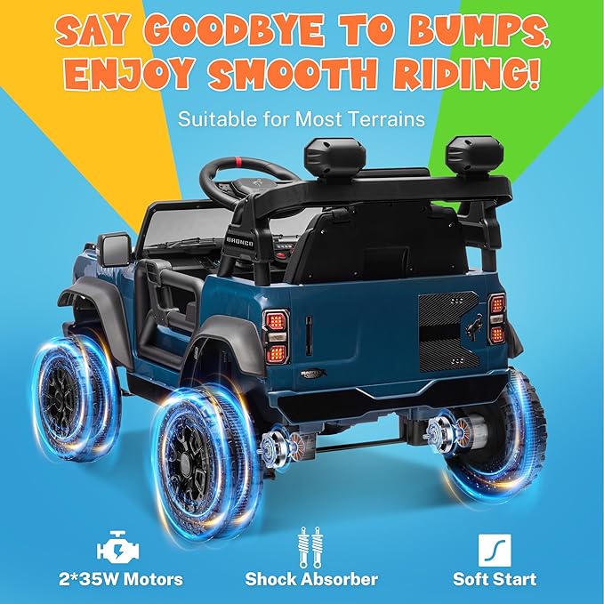 ENYOPRO Licensed Ford Bronco Raptor Electric Ride On Jeep for Kids, 12V Remote Control Ride On Car for Toddlers, Electric Vehicle w/Shock Absorbers, Soft Start, Bluetooth, LED Lights, 2 Speed (Blue)