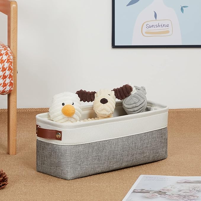 DULLEMELO Small Storage Baskets 15"x6"x5.5", Fabric Storage Bins for Toilet Tank Top [2 Pack], Back of The Toilet Basket (White&Grey)