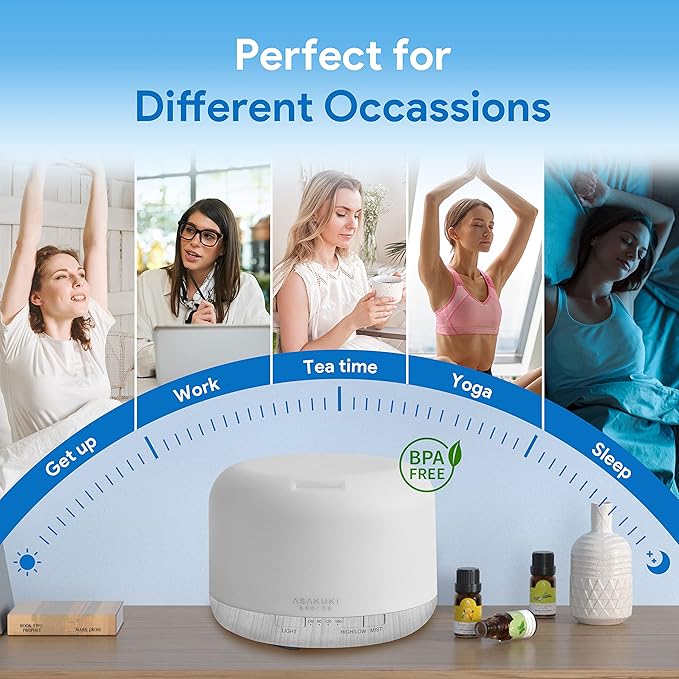 ASAKUKI 500ml Premium Essential Oil Diffuser with Remote Control, 5 in 1 Ultrasonic Aromatherapy Fragrant Oil Humidifier Vaporizer, Timer and Auto-Off Switch (White)