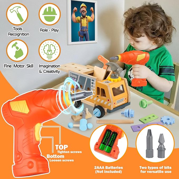 Aliex 38PCS Kids Wooden Truck Tool Set with Toy Drill for Toddlers Ages 3 4 5 6,Montessori STEM Educational Learning Construction Workbench Pretend Play Tool Kit,Birthday Sensory Gift for Boys Girls