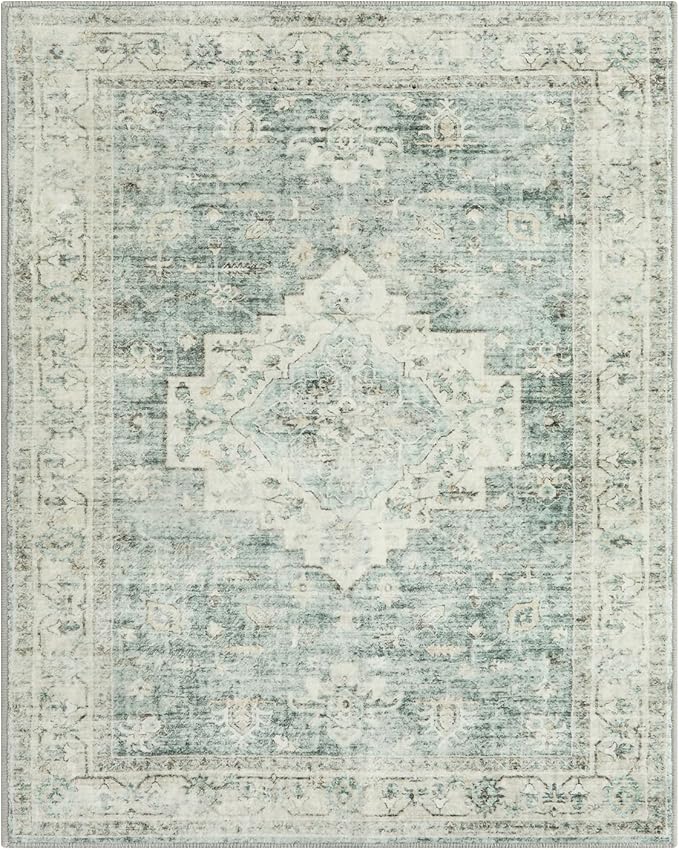 LIVEBOX Washable Area Rug 6x9 Rugs for Living Room Dining Room Under Table, Non-Slip Boho Indoor Carpet for Bedroom, Low-Pile Farmhouse Soft Carpets for Nursery Playroom, Sage Green