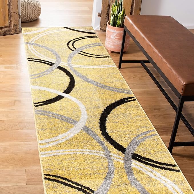 Rugshop Modern Wavy Circles Design Runner Rug 2' x 10' Yellow