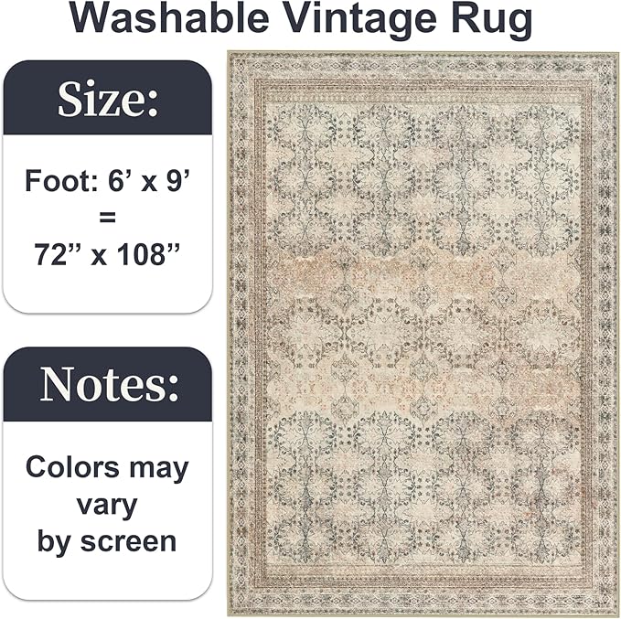 6x9 Washable Area Rug Non Slip, Thin Vintage Floral Living Room Rug Low Pile, Indoor Large Distressed Print Carpet for Bedroom, Dining Room, Farmhouse, Home Office, College Dorm Beige/Pink/Orange