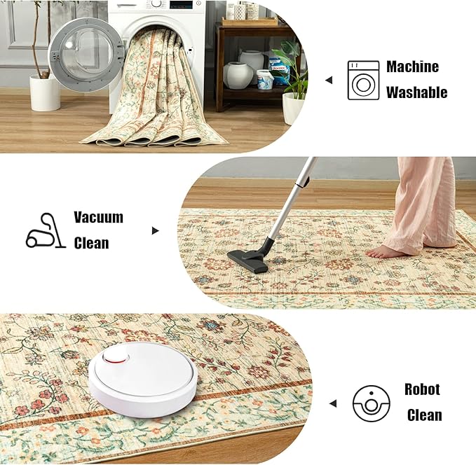 LOCHAS Washable Area Rugs 6x9, Beige Floral Rug for Living Room Bedroom Non Slip, Ultra Soft Vintage Indoor Carpet for Kids, Nursery, Dorm, Dining Room, Classroom, Boho Flower Home Decor, Low-Pile