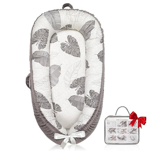 Baby Lounger | Organic Cotton Infant Lounger | Reversible, Adjustable & Portable Floor Lounger | Soft, Breathable, Washable Cover-Grey Leaves