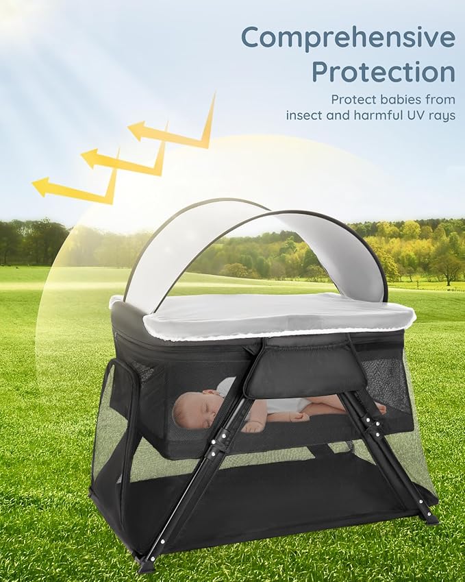 Lilian&Gema 2-in-1 Travel Crib, Portable Crib with Backpack, Lightweight Baby Travel Playpen, Foldable Play Yard with Thick Mattress for Babies & Toddlers, Baby Travel Essential