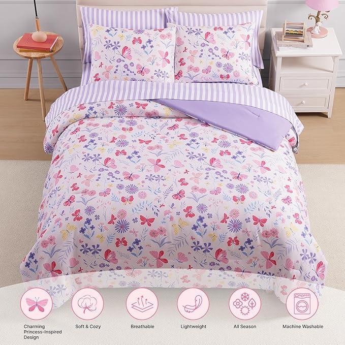 Queen Comforter Set with Sheets for Girls-7 Pieces Queen Bedding Sets with Pink Comforter, Sheets, Pillowcases & Shams for Kids (Cute Botanical Flowers, 90" X 90")