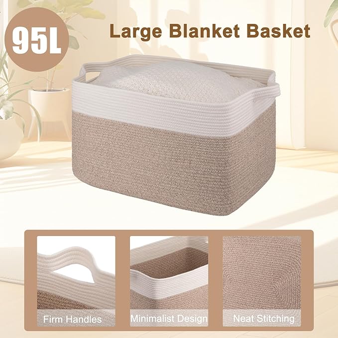 OIAHOMY 95L Blanket Basket, 24”x17”x14”, Large Woven Basket for Storage, Nursery Cotton Rope Basket with Handle, Living Room, Nursery, Bedroom,Toy Storage Organizer Bins, Brown and White
